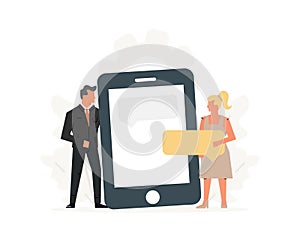 People hold a large phone. Concept of business meeting, virtual relationships, online dating, social networking and