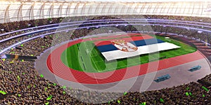 People hold Serbia flag in stadium arena. field 3d photorealistic render