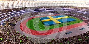 People hold Sweden flag in stadium arena. field 3d photorealistic render