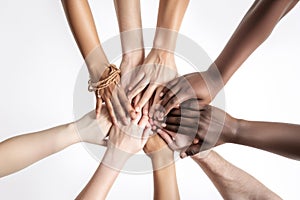 People hold their hands together on a white background. Generative AI technology