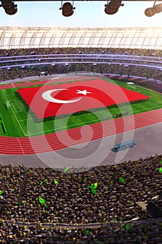 People hold Turkey flag in stadium arena. field 3d photorealistic render