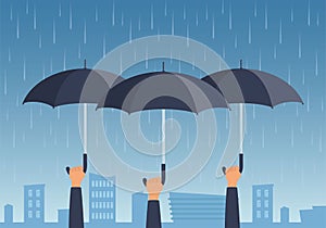People hold umbrellas over the city in the rain. Hands holding open umbrellas. Concept vector Illustration