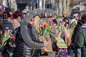 People Holding Bags With Tulips At The National Tulip Day At Amsterdam The Netherlands 21-1-2023