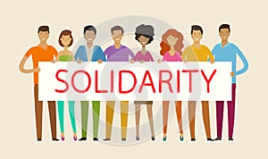 People holding blank banner. Solidarity, cohesion, unity concept. Vector illustration