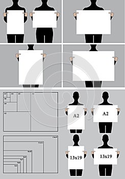 People holding blank poster templates, vector set