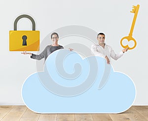 People holding cloud and security icons