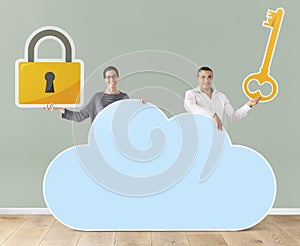 People holding cloud and security icons