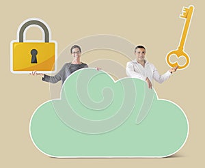 People holding cloud and security icons