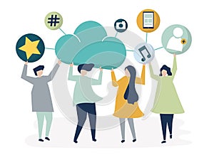 People holding cloud and social networking icons illustration