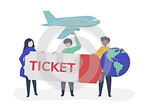 People holding a flight ticket travel related icons