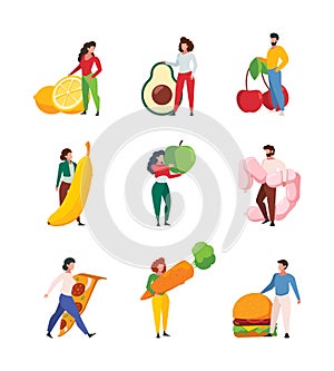 People holding food. Characters with products fruits and vegetables meat junk fastfood garish vector set