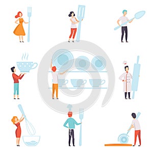 People holding giant kitchen tools set, faceless man and woman standing with kitchenware vector Illustration on a white