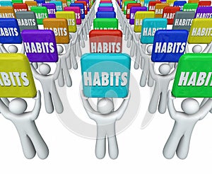 People Holding Habits Words Successful Routines Achieve Goals