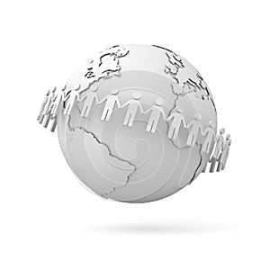 People Holding Hands Around White Globe Map isolated on white background