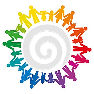 Rainbow circle formed by men, women, boys and girls holding hands. Pictograms of connected people standing in a circle to express photo