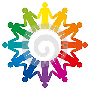 People holding hands, forming a rainbow circle, abstract symbol