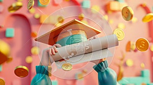 People holding hands with money, graduation cap and certificate. Three dimensional illustration of people paying for