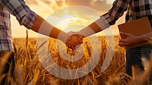 People holding hands in wheat field Farmer agreement, Agribusiness contract concept.Generative AI
