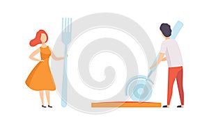 People Holding Huge Kitchen Tools Set, Man Cutting Pizza with Knife, Woman Standing with Fork Flat Vector Illustration