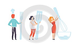 People Holding Huge Kitchen Tools Set, Man and Woman Cooking with Spatula, Fork and Whisk Flat Vector Illustration