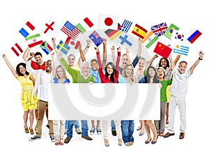 People Holding International Flags and Placard