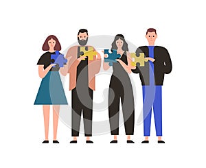 People holding jigsaw puzzle flat vector illustration. Business team collaboration, employees coworking metaphor