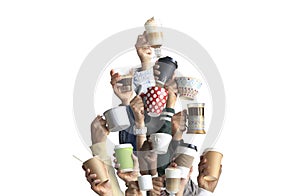 People are holding mugs and paper cups of coffee. Concept on the theme of cafes and coffee.