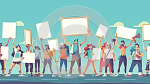 People holding placards and banners on rallies and strikes. Actors holding empty signs protest at riots. Illustration of