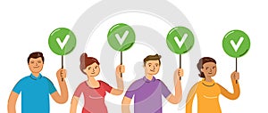People are holding signs with positive ratings. Customer reviews and satisfaction. Flat vector illustration
