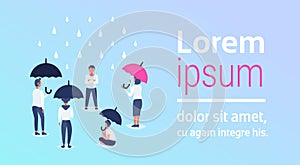 People holding umbrellas over rain uniqueness individuality business protection concept team competition horizontal copy