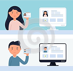 People Holding up ID Cards. Account Verification Vector Illustration