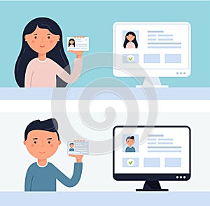 People Holding up ID Cards. Account Verification Vector Illustration photo