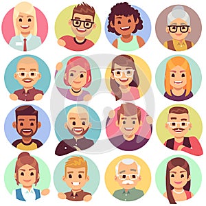 People in holes. Face in circular windows, emotional people greeting, smiling communicating characters. Avatars vector photo