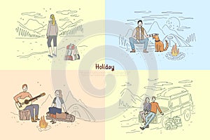 People on holiday vacation, couple camping, friends road trip, backpacking, lonely travelers banner template