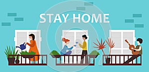 People are at home for self-isolation. Vector flat illustration. Neighbors on the balconies. Quarantine due to coronavirus.