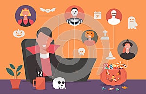 People in horror costumes connecting together online on computer to celebrate Halloween festival