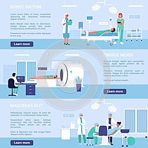 People in hospital departments set with cartoon doctors