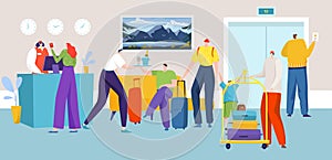 People in hotel reception, computer desk, administrator registers visiting travelers design cartoon style vector