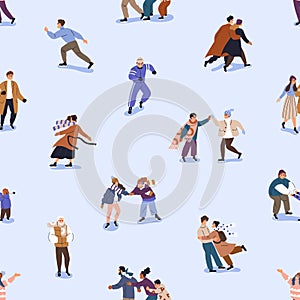 People on ice rink, seamless pattern. Happy characters skating, endless background design. Skaters, families, couples