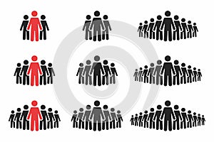 People icon set. Crowd of people in black and red colors. Group of people in pictogram shape