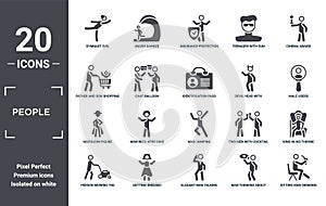 people icon set. include creative elements as gymnast girl, cinema award, devil head with horns, man jumping, getting dressed,