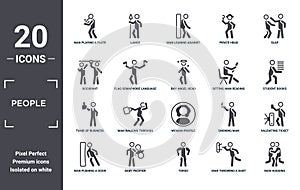 people icon set. include creative elements as man playing a flute, slap, sitting man reading, woman profile, baby pacifier, tumb