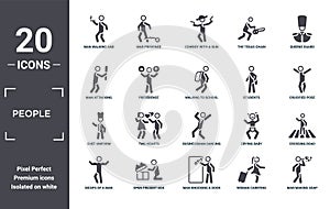 people icon set. include creative elements as man walking and smoking, queens guard, students, businessman dancing, open present
