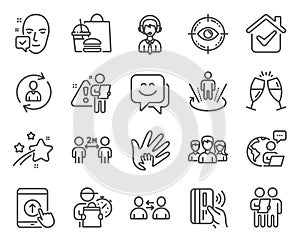 People icons set. Included icon as Augmented reality, Smile face, Face accepted signs. Vector