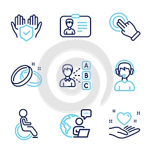 People icons set. Included icon as Disabled, Hold heart, Wedding rings signs. Vector