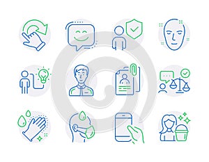 People icons set. Included icon as Hold smartphone, Smile face, Business idea signs. Vector