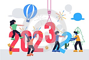 People Illustration welcome for the New Year. All Get Ready and Working together for replaces 2022 to 2023 Vector. Year Changing