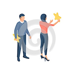 People increase online rating isometric vector illustration. Male and female characters hang and reinforce golden stars.