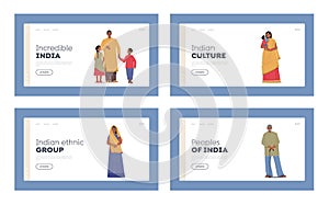 People of India Landing Page Template Set. Happy Indian Family, Smiling Young and Old Male and Female Characters