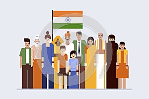 People of Indian ethnicity with diverse cultural background holding national flag together